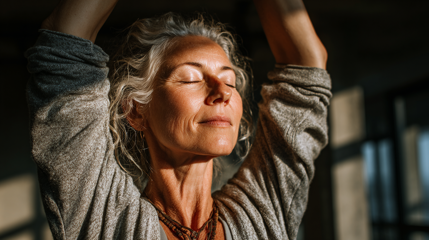 Група старших людей практикує йогу на природі